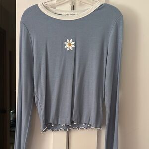 Blue Fitted Ribbed Long Sleeve Tee